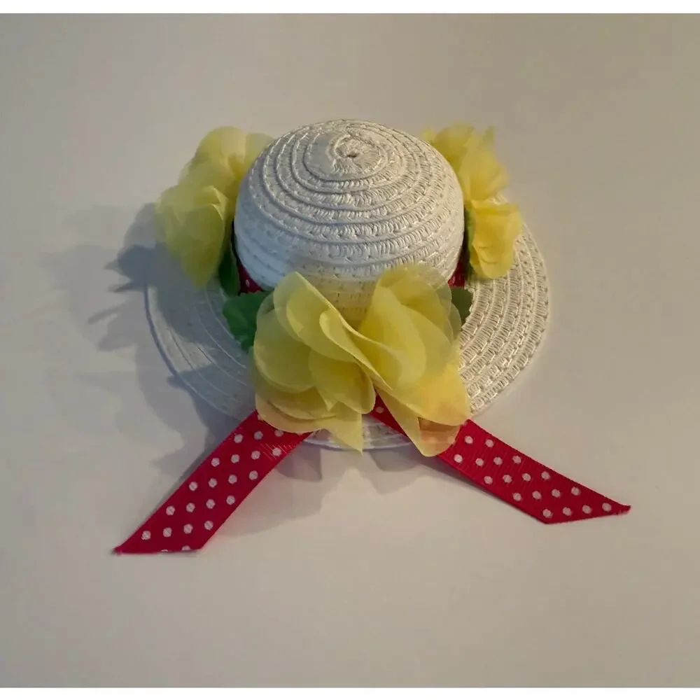 White Straw Miniature Dog Sun Hat Yellow Flowers Red Polka Dot Ribbon Easter